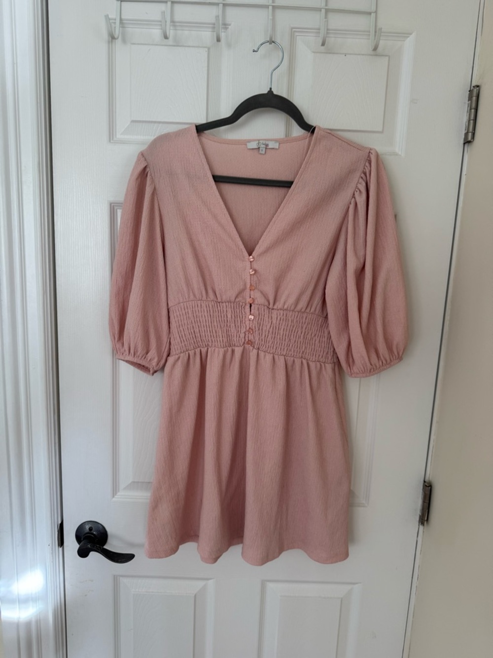 Smocked Waist Pink V-Neck Mini Dress with Puff Sleeves